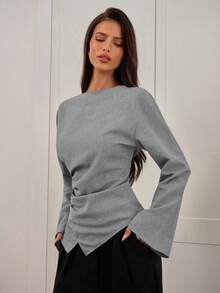 Aloruh Women's Autumn/Winter New Commuting V-Neck Pullover Shirt With Waist Ruching, Asymmetric Hem And Bell Sleeves, Minimalist And Fashionable - Grey - View 5