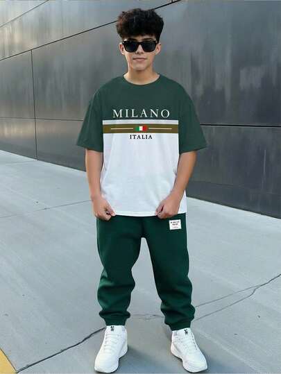 Set de 2 piezas de camiseta de manga corta y pantalones de estilo casual y clásico, sueltos y cómodos, de estilo deportivo para adolescentes, adecuado para el verano