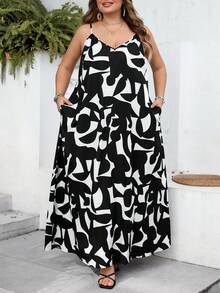 SHEIN CURVE+ Geometric Print, Long Slip Dress Suitable For Everyday Casual Wear Long Dress Summer Women - Black and White - View 3