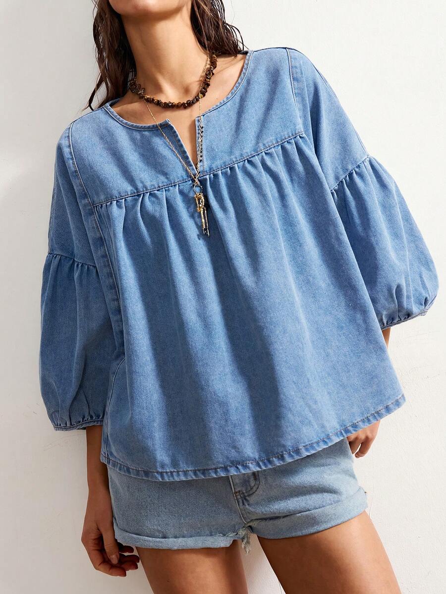 Bohemela New Women's Denim Top, Casual Loose Washed Lantern Sleeve Pullover Denim Shirt, Blue Top  Y2K Bohemian Style, Music Festival Outfit Summer Outfits  Spring Outfit Women Beach Outfit For Women  Summer Holiday Outfits - Light Wash - View 1