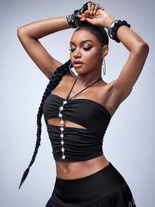 Y2Kool BiGraphic Women's Solid Color Pleated Hollow Out Design Fashionable Versatile Tube Top - Black - View 7