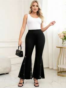 SHEIN Clasi Quần ống loe phối ren tương phản, cạp chun dành cho nữ cỡ lớn - màu đen - Xem 5