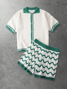 ROMWE MEN Casual 男士撞色短袖纽扣前开襟休闲针织西装 - 綠色 - 查看 7