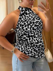 Vionelle Camiseta sin mangas de talla grande con estampado de leopardo elegante para mujer - Blanco - Ver 4