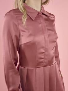 OverBlushhh Women's Mini Shirt Dress Raspberry Satin Long Sleeve Button Front Waist Fitted Pleated Elegant, Preppy, Chic, Work, Everyday, Valentine's Day, Valentine, Birthday, Date, Spring - Dusty Pink - View 6