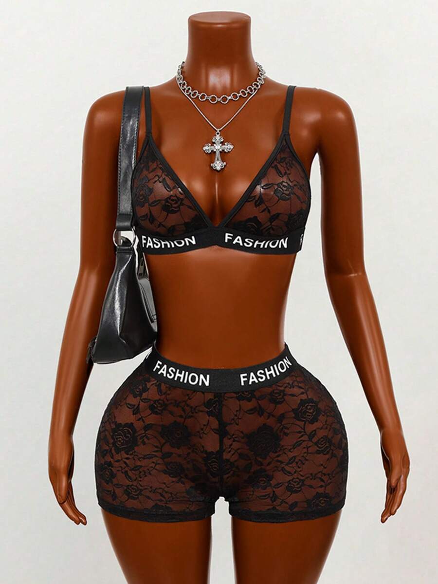 Mistrie 蕾丝边内衣套装 - 性感法式蕾丝吊带文胸 + 中腰短裤两件套，展现迷人魅力 - 黑色 - 查看 1