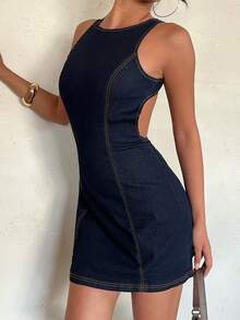 Aloruh Women's Fashionable Backless Sleeveless Denim Dress, Summer - Blue - View 4