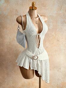 Mistrie Women's Sexy Backless V-Neck Lace-Up Halter Mini Dress With Asymmetric Hem, Suitable For Vacation, Date, Party, Music Festival - Apricot - View 4