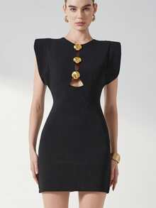Aveloria Modichic Women's Elegant Summer Black Gold Hollow-Out Front Dress,Short Sleeve Exaggerated Shoulder Gold Shell Decor, Night Out Bodycon Party Mini Dress - Black - View 5