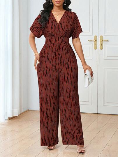 Lunelith SHEIN Lunessa V-Neck Short Sleeve All-Over Striped Print Elastic Waist Fitted Elegant Casual Jumpsuit For Women