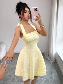 Elenzga 新款露背系带蝴蝶结提花面料年轻优雅可爱女士短裙 - 黃色 - 查看 5