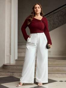 ZEYLAH Asymmetric Neckline Metal Decor Flare Sleeve T-Shirt - Burgundy - View 1