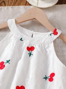 Vintaside Kids 少女甜美樱桃刺绣无袖上衣和宽松长裤套装，适合日常外出、休闲旅行、家庭聚会和度假穿着，春夏款 - 彩色 - 查看 5