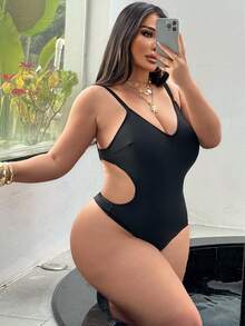 Swim SXY Plus Size One-Piece Swimsuit For Women, Solid Color Backless Drawstring Sexy Monokini, Summer - Black - View 7