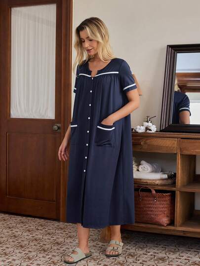 SHEIN Doze Lane Women's Fashion Casual Loungewear Comfortable Loose Short Sleeve Nightgown Button Up Nightgown Navy Blue Nightgown Sleep Wear Women Button Front Pajama Dress Cotton Sleep Dress