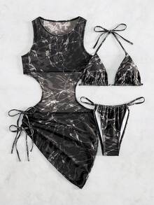 Swim Vcay Bikini fasciante alla moda con stampa casuale, set di costumi da bagno con copyright acquistato, set da 3 pezzi per donna, set bikini da 3 pezzi, set copricostume da spiaggia da 3 pezzi per donna - nero - Visualizzare 5