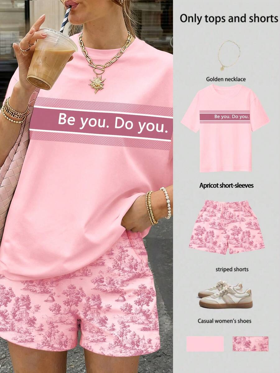 EMERY ROSE 2pcs Women Casual Loose Fit Short Sleeve Top And Shorts Set - Pink - View 1