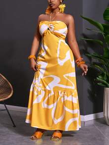 Veslaya 2026 SpringSummer Plus Size Women's Yellow Halter Hollow Back Cinched A-Line Maxi Dress, Boho Vacation Holiday Beach Resort Party Wedding Guest Gala - Multicolor - View 2