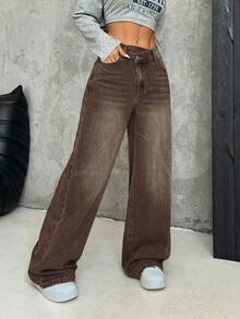 SHEIN PETITE Women's Thick Denim Wide Leg Pants, Loose Fit With Oblique Placket, Blue - Brown - View 7