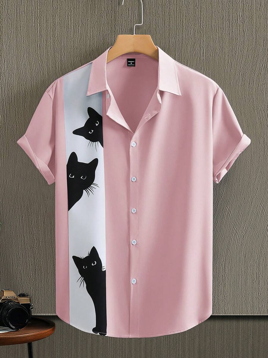 Manfinity Homme 男士休閒卡通黑貓印花對比色短袖襯衫,黑粉色,夏季度假動物印花夏威夷海灘風,老錢風禮物 - 粉色 - 查看 1