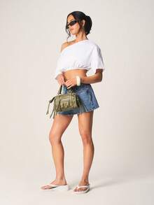 MISSGUIDED 露肩收腰短袖露脐上衣，弹性下摆，休闲纯棉T恤，春夏款 - 白色 - 查看 3