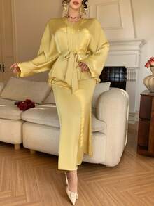 DAZY Women's Elegant Solid Color V-Neck Belted Shirt & Skirt 2-Piece Set, Spring/Summer,Wedding Guest Dress Women - Yellow - View 4