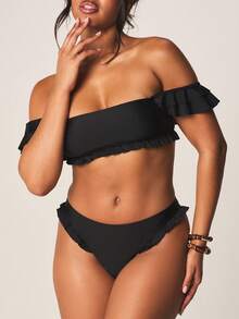 MISSGUIDED Off-Shoulder Ruffle Bikini Top With Sweetheart Neckline And Smocked Band Detail Summer Beachwear - Black - View 4