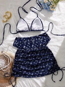 Swim Vcay Bộ 3 món bikini nữ họa tiết hoa nhí ngẫu nhiên, áo hai dây cúp ngực tam giác và chân váy lưới buộc dây bên hông, thích hợp cho kỳ nghỉ hè ở bãi biển. - Nhiều màu - Xem 7