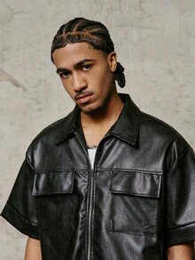 PAVTROS Men's Hip Hop PU Loose Short Sleeve Zip-Up Shirt - Black - View 3