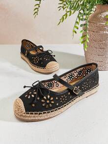 Solezae Women's Elegant Floral Cut-Out Round Toe Mary Jane Flat Espadrilles - Black - View 8