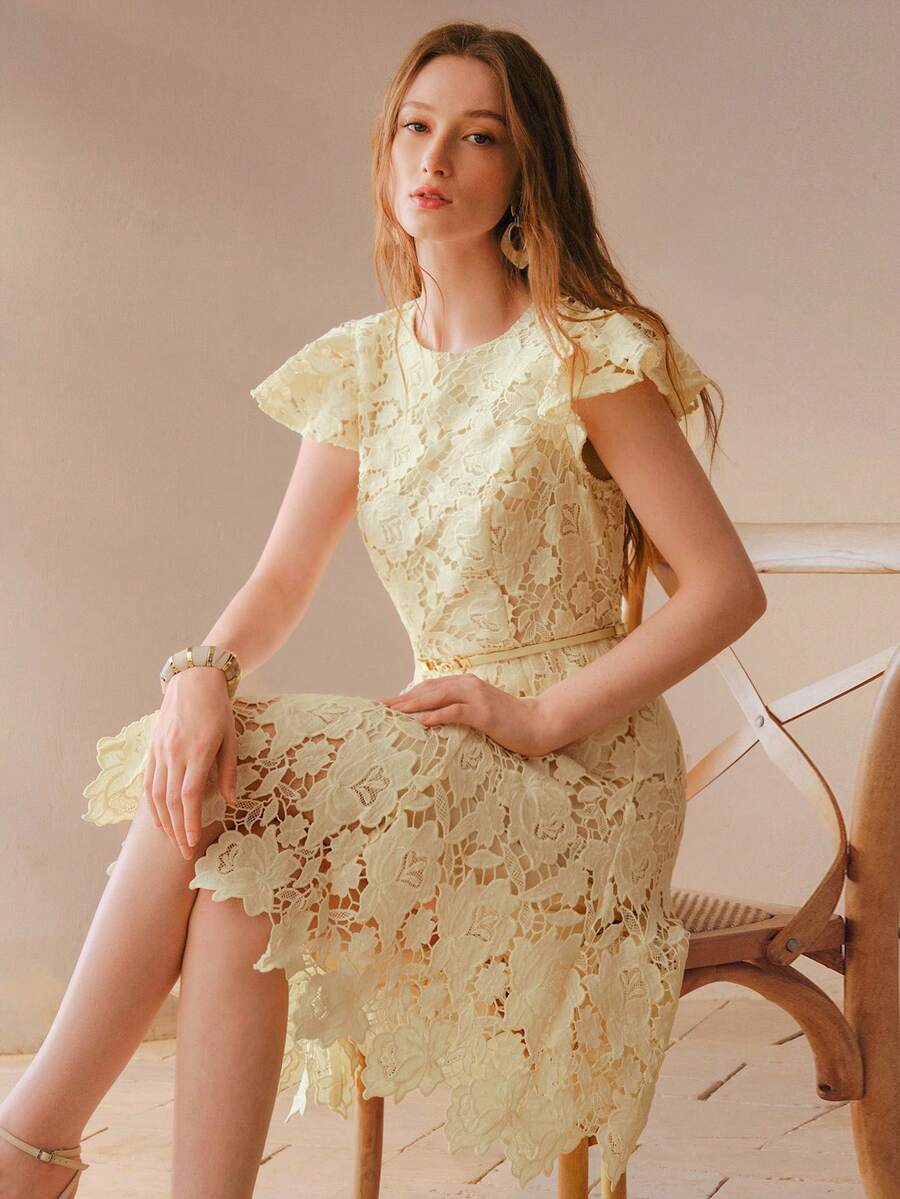 MOTF PREMIUM Đầm mùa hè thêu ren tương phản, tay bồng, cổ tròn, dáng chữ A, thắt eo, họa tiết hoa, thanh lịch dành cho nữ. - Màu be - Xem 1