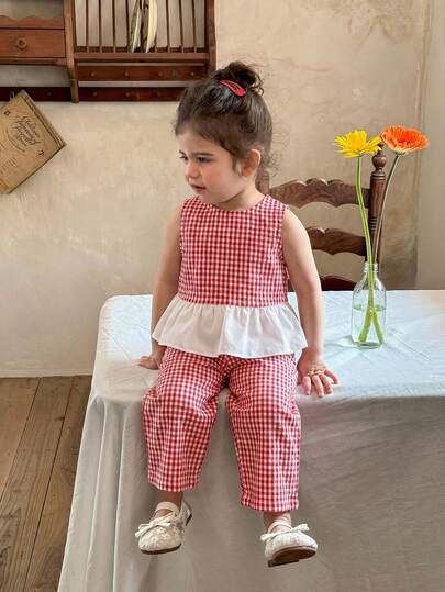 LMoss Kids 女婴格子荷叶边休闲衬衫和宽松阔腿裤套装