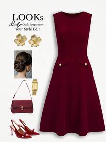 Ellevyn Angola Red Sleeveless Waist Cinched Dress, Elegant For Commuting, Office Dress - Burgundy - View 1