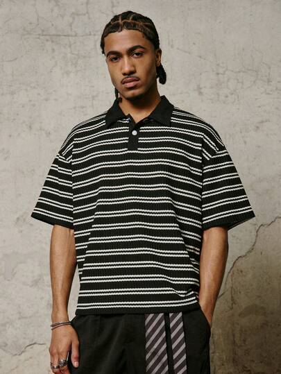 PAVTROS Men's Casual Striped Short Sleeve Polo Shirt, Men's Textured Jacquard Striped Polo Shirt,Valentine's Day,Spring To Summer,Gift For My Boyfriend,Mardi Gras,Vintage,Streetwear,Party,St Patrick's Day,Going Out