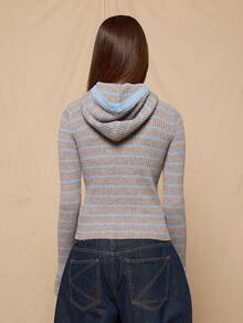 COUREZ 条纹罗纹针织连帽衫，带拇指孔 / Y2K 春季女装，可爱灰色连帽衫，外出上衣，夏季连帽衫，夏季穿搭 - 彩色 - 查看 3