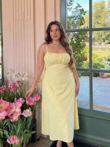 SHEIN MOD 大码荷叶边上衣和侧系带吊带连衣裙 - 黃色 - 查看 2