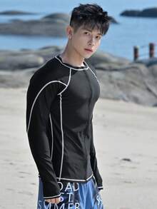 DAZY 男士泳装，撞色拼接，饰以装饰线条，夏季度假 - 黑色 - 查看 5