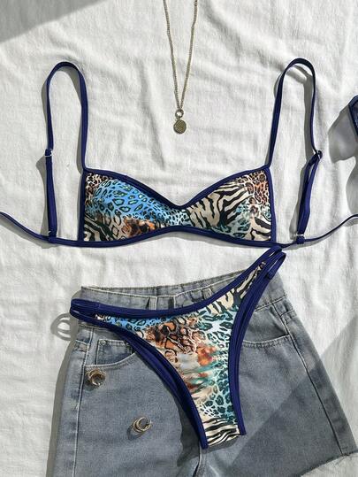 Swim Vcay Random Print Wireless Adjustable Strap Top And Swim Shorts Women Summer Beach Holiday Bikini Set