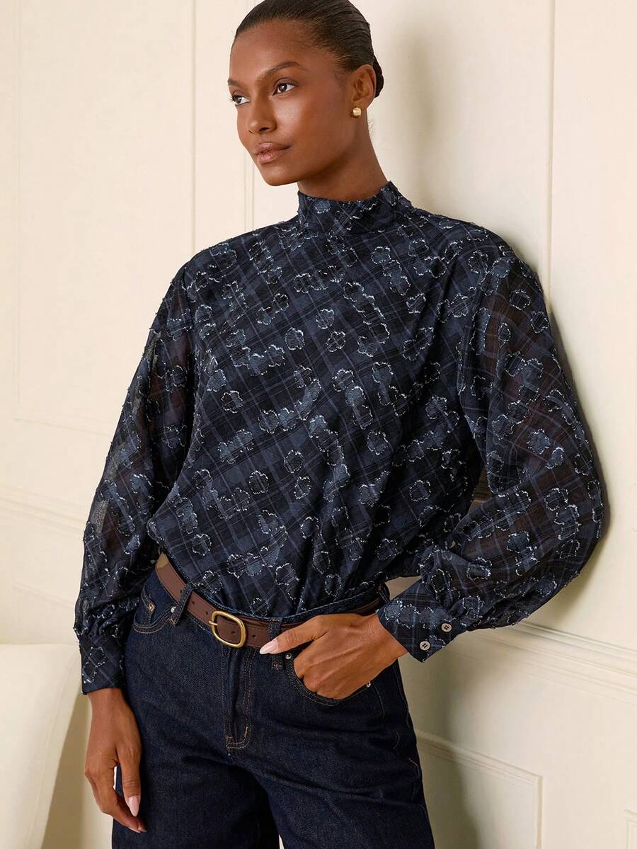 Lilora Stylish Blue Plaid Patterned Long Blouse With Wrist Length Bishop Sleeves - Blue - View 1