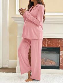 Slowluna 2pcs Maternity Solid Color Drop Shoulder Long Sleeve Casual Comfortable Breathable Set - Baby Pink - View 3