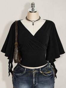 SHEIN ICON Women's Plus Size V-Neck Ruffle Sleeve Black T-Shirt - Black - View 1