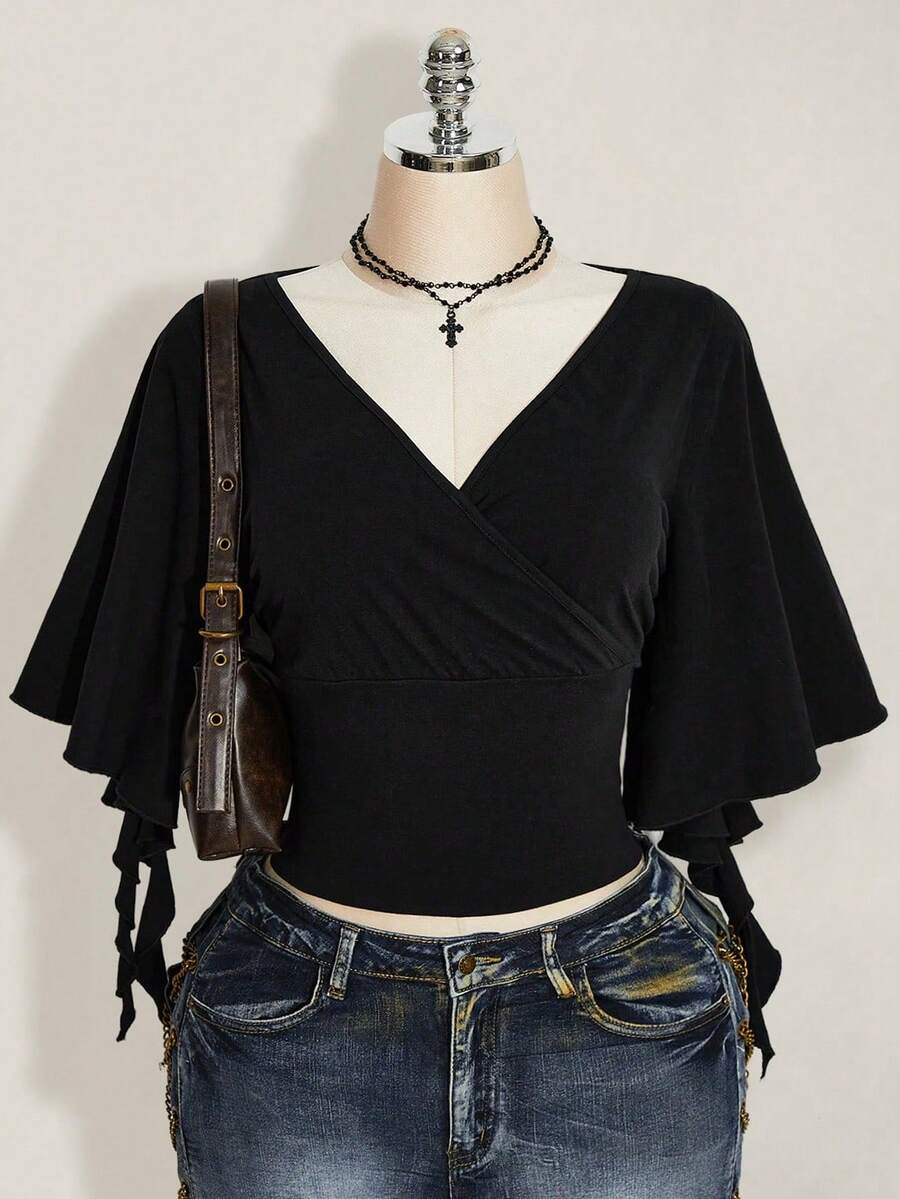 SHEIN ICON Women's Plus Size V-Neck Ruffle Sleeve Black T-Shirt - Black - View 1