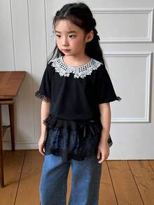 Hapijoa Girls' White Lace Mesh Skirt, Layered Tie-Waist Skirt, Atmosphere Sense, Summer - Black - View 5