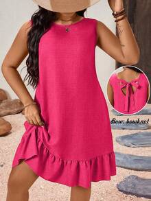 Breezaya 大码女式纯色无袖褶皱夏季连衣裙 - 玫紅色 - 查看 1