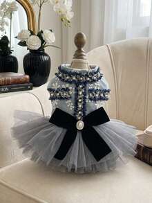 PETSIN 1 bộ quần áo đa năng cho mèo và chó, màu xám xanh nhạt, thích hợp cho mùa xuân và mùa thu, kiểu dáng công chúa với nơ ngọc trai trang trí. - Màu xanh xám - Xem 3