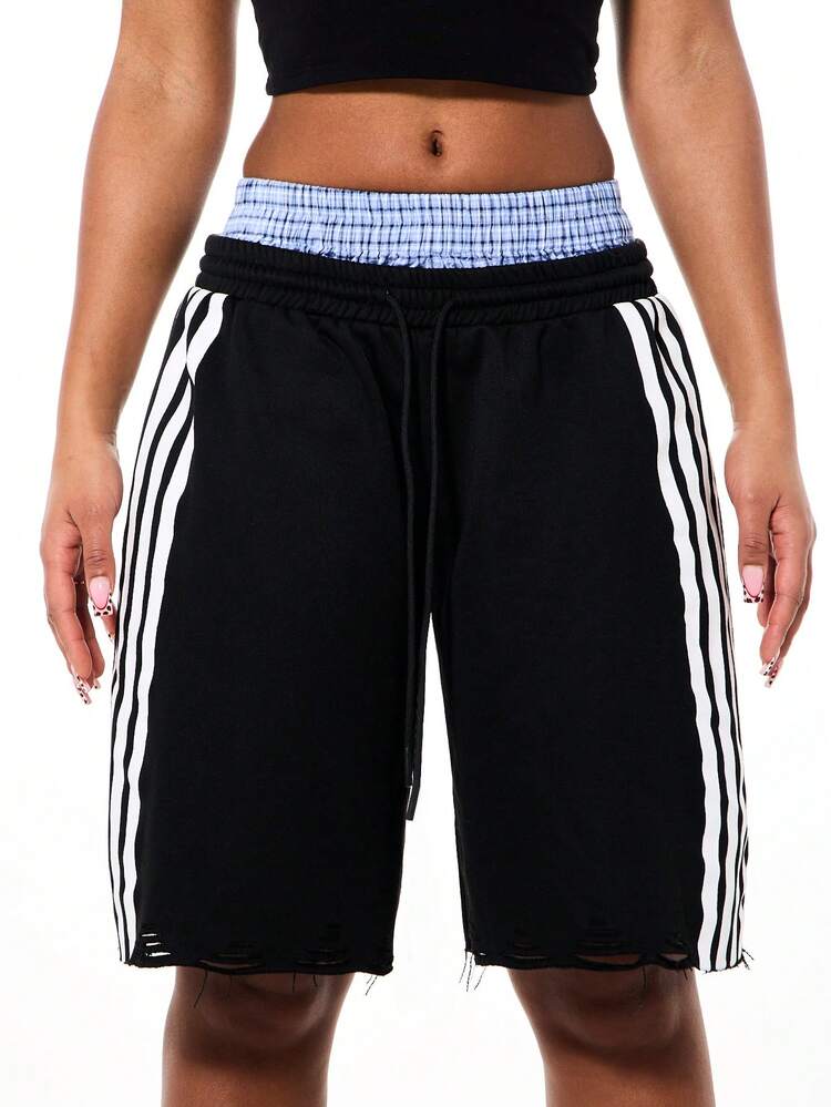 SUMWON WOMEN Oversized Jersey Boxer Style Shorts With Elastic Waistband And Casual Side Stripe Detail For Casual Comfort