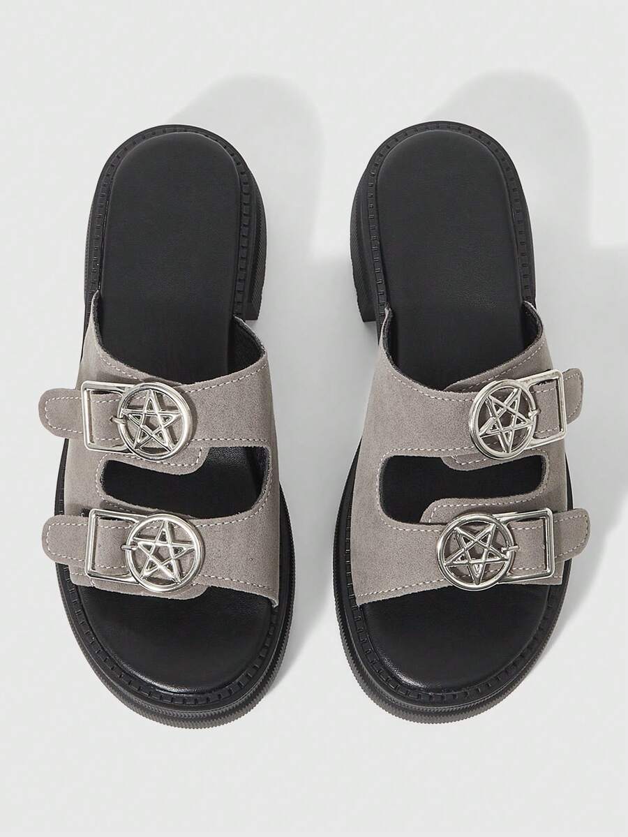 Sugerpunk Sandalias de mujer con estilo punk rock europeo y americano, con hebilla de metal, sandalias romanas de plataforma con cuña gótica para playa y vacaciones de verano, Halloween - Paño gris - Ver 1