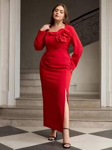 ZEYLAH Floral Embroidered Waist Cinched Elegant Dress - Red - View 4