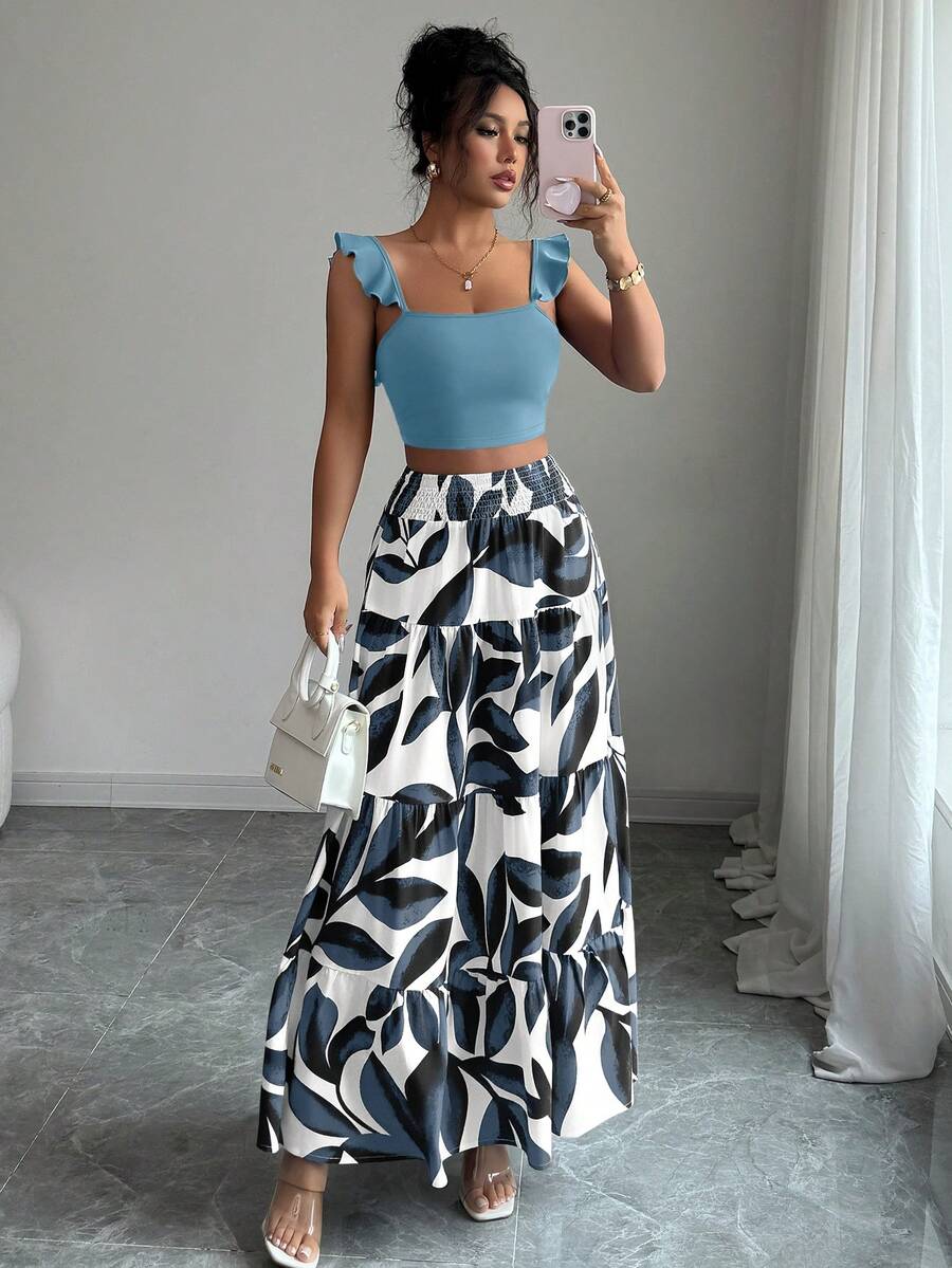 Elenzga Women's Ruffle Strap Backless Crop Top And Printed Flared Skirt 2-Piece Set - Baby Blue - View 1