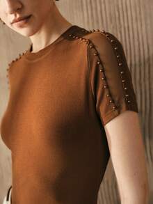 Arave Women's Beaded Shoulder Round Neck Mesh Patchwork Hollow Out Fitted Casual Party Date Vacation Short Sleeve T-Shirt Top Brown Top Earthy Tops - Camel - View 6